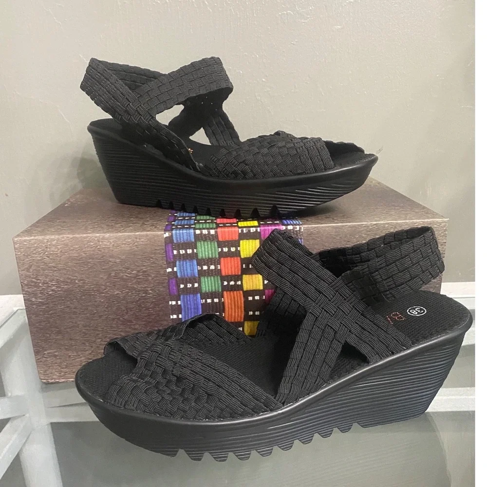 Bernie Mev Fame Black Woven Elastic Platform Wedge Sandals Women 7